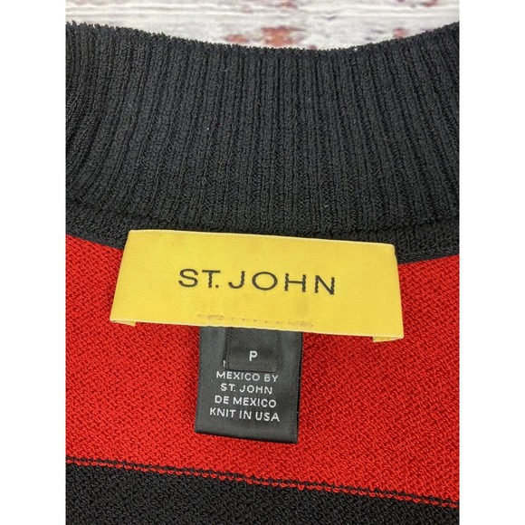 St John Collection Cardigan Full Zip Knit Red Black White Stripe Sz P/S - Picture 3 of 4